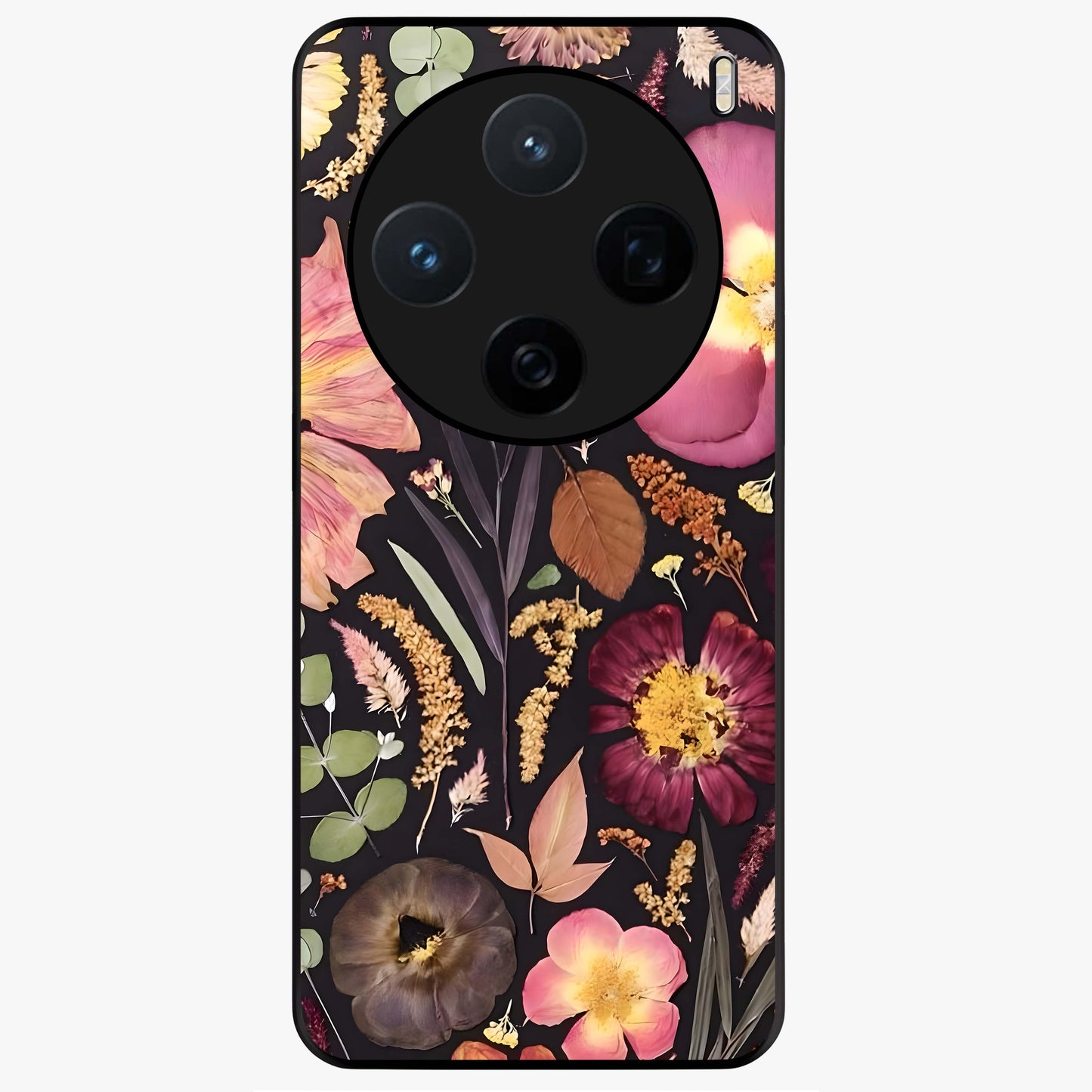 Petal Dream Tapestry Glass Case showing flat back view with intricate floral tapestry artwork and glossy glass finish.