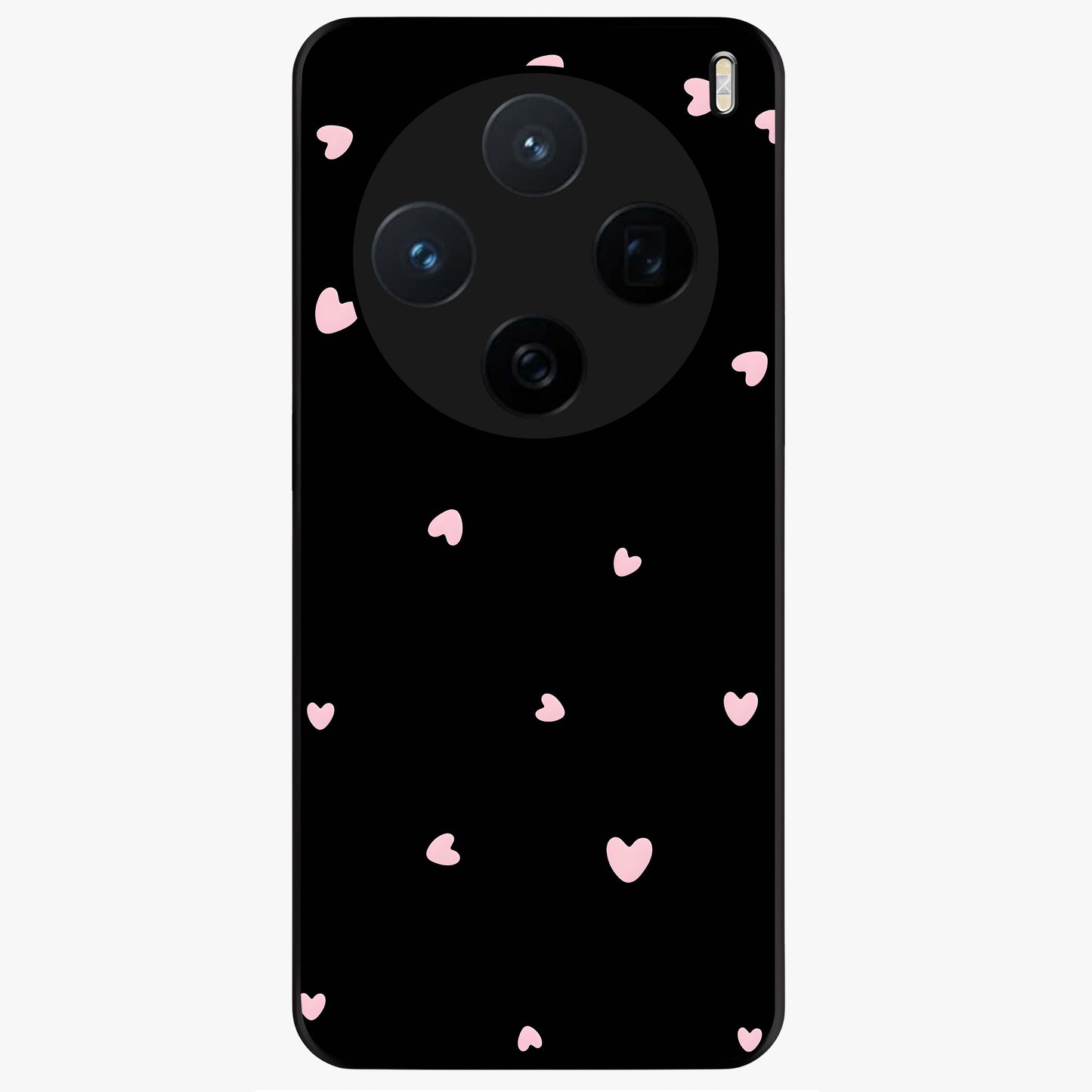 Pink Love Drops Glass Case showing flat back view with playful pink heart drops artwork and glossy glass finish.