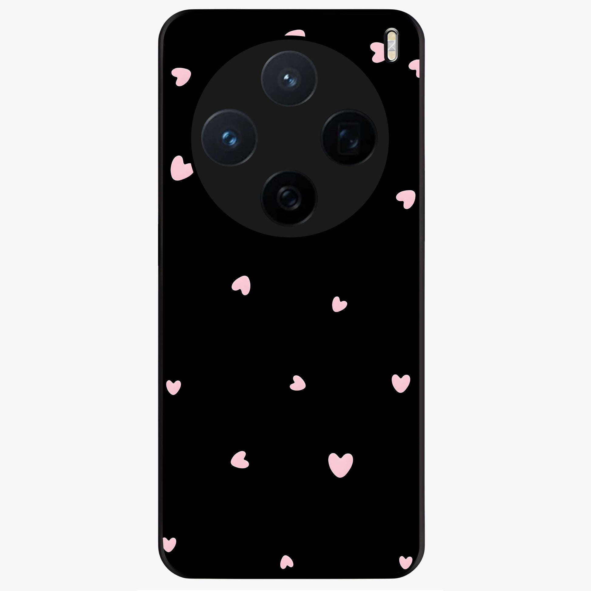 Pink Love Drops Glass Case showing flat back view with playful pink heart drops artwork and glossy glass finish.
