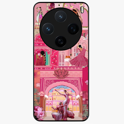 Pink Palace Muse Glass Case showing flat back view with elegant palace inspired artwork and glossy glass finish.