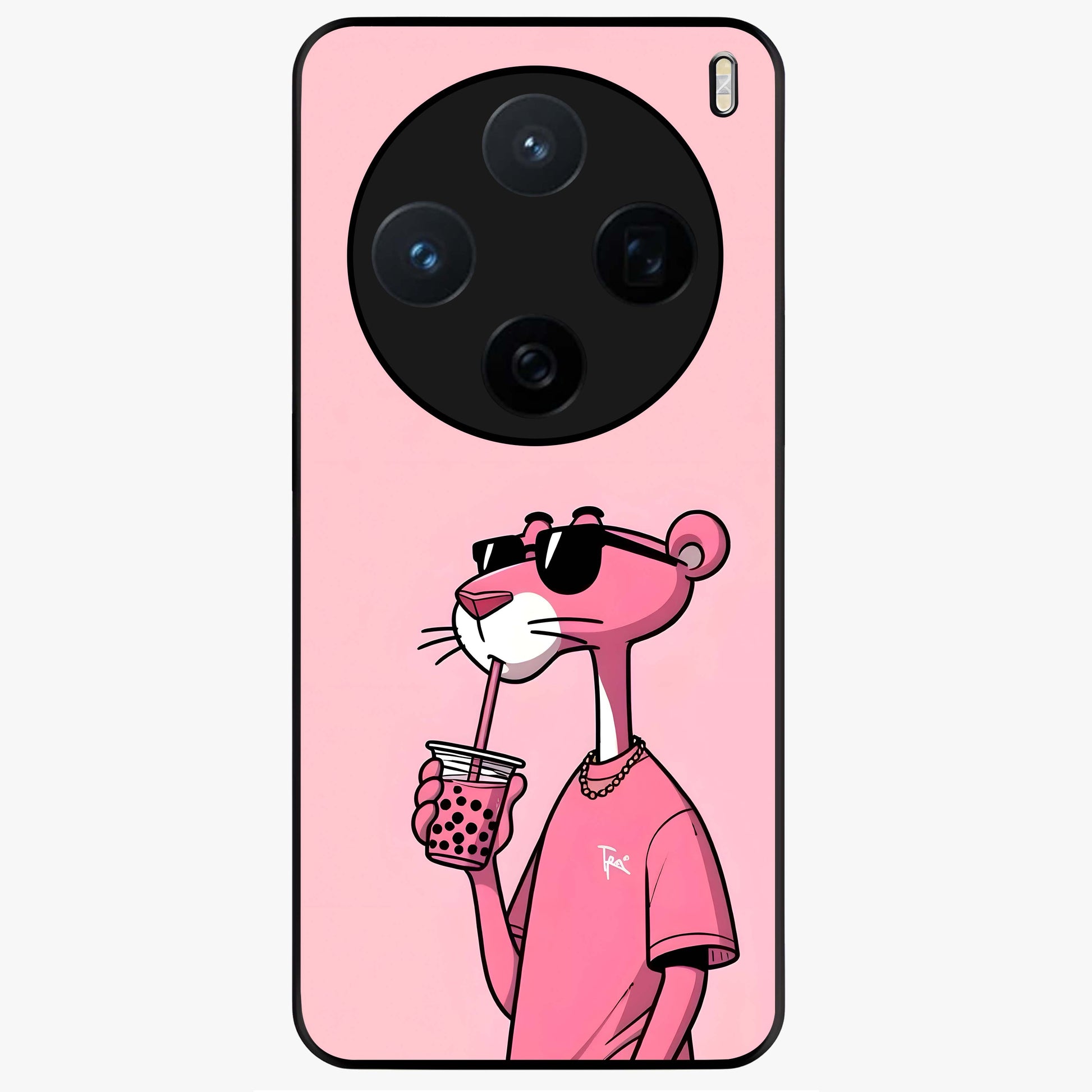 Pink Panther Glass Case showing flat back view with iconic pink panther artwork and glossy glass finish.