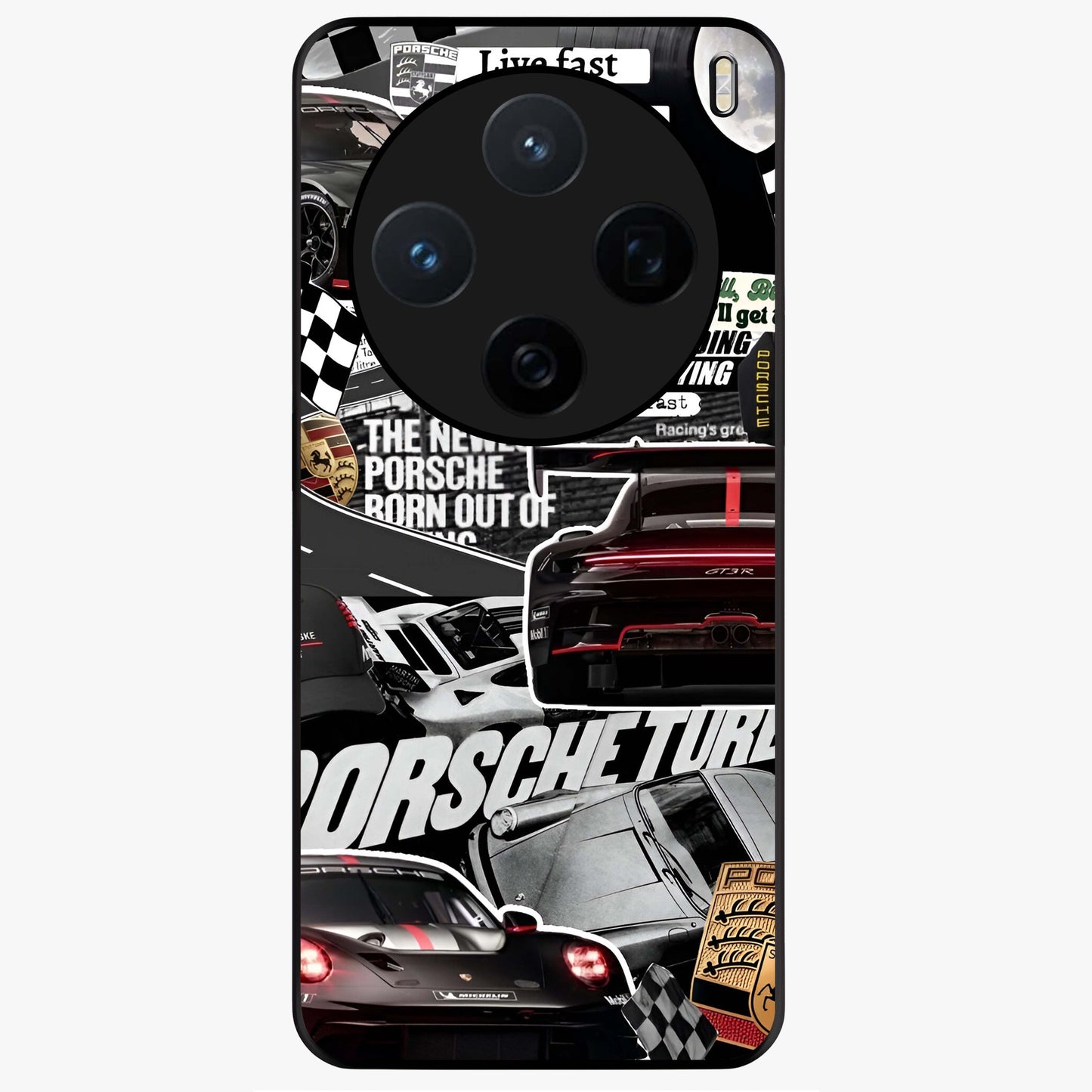 Porsche Racing Collage Glass Case showing flat back view with sports car racing collage artwork and glossy glass finish.