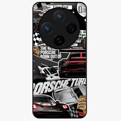 Porsche Racing Collage Glass Case showing flat back view with sports car racing collage artwork and glossy glass finish.