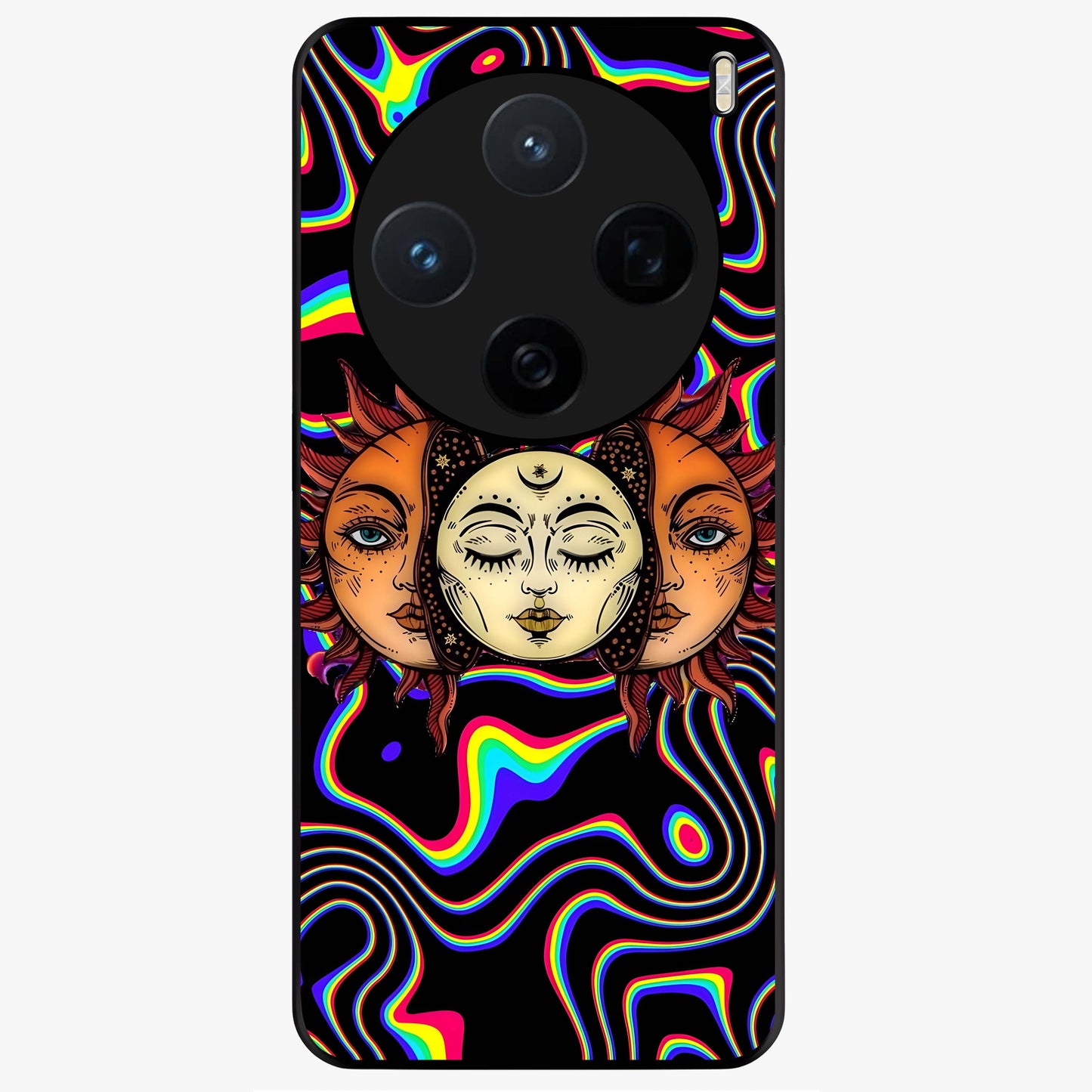 Psychedelic Sun Glass Case showing flat back view with colorful psychedelic sun artwork and glossy glass finish.