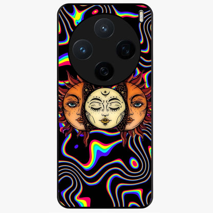 Psychedelic Sun Glass Case showing flat back view with colorful psychedelic sun artwork and glossy glass finish.