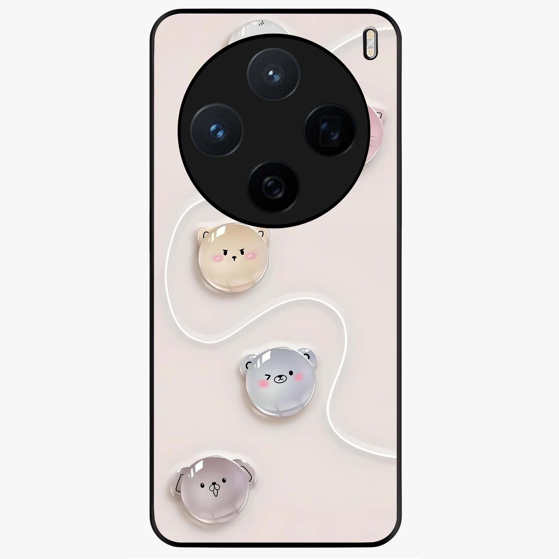 Puffy Face Parade Glass Case showing flat back view with cute puffy character faces artwork and glossy glass finish.