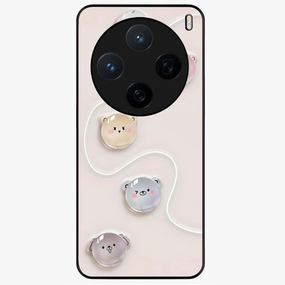 Puffy Face Parade Glass Case showing flat back view with cute puffy character faces artwork and glossy glass finish.