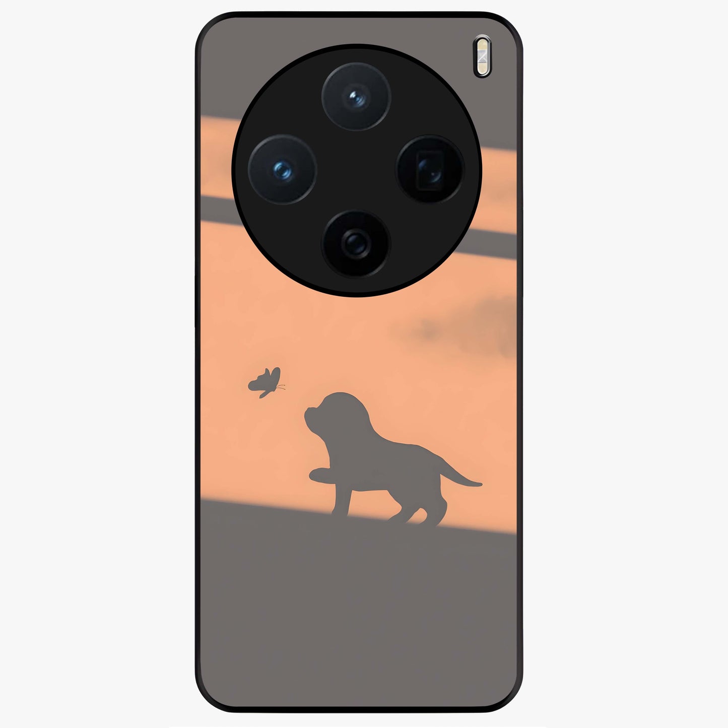 Puppy Shadow Art Glass Case showing flat back view with cute puppy shadow style artwork and glossy glass finish.