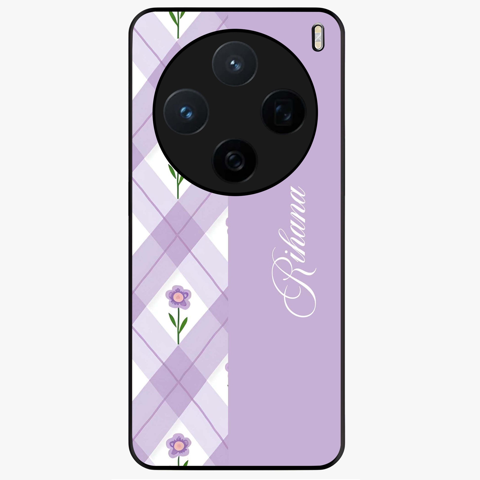 Purple Diamond Floral Glass Case showing flat back view with diamond shaped floral artwork and glossy glass finish.