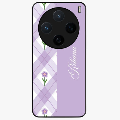 Purple Diamond Floral Glass Case showing flat back view with diamond shaped floral artwork and glossy glass finish.