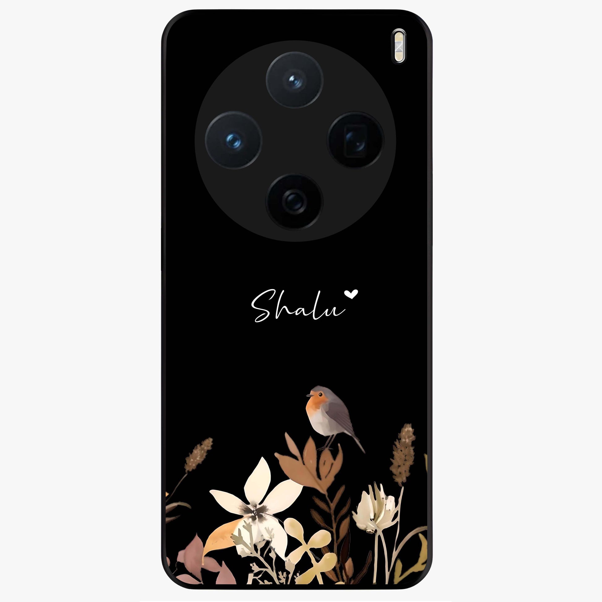 Quiet Garden Tune Custom Name Glass Case showing flat back view with peaceful garden artwork and personalized name design.