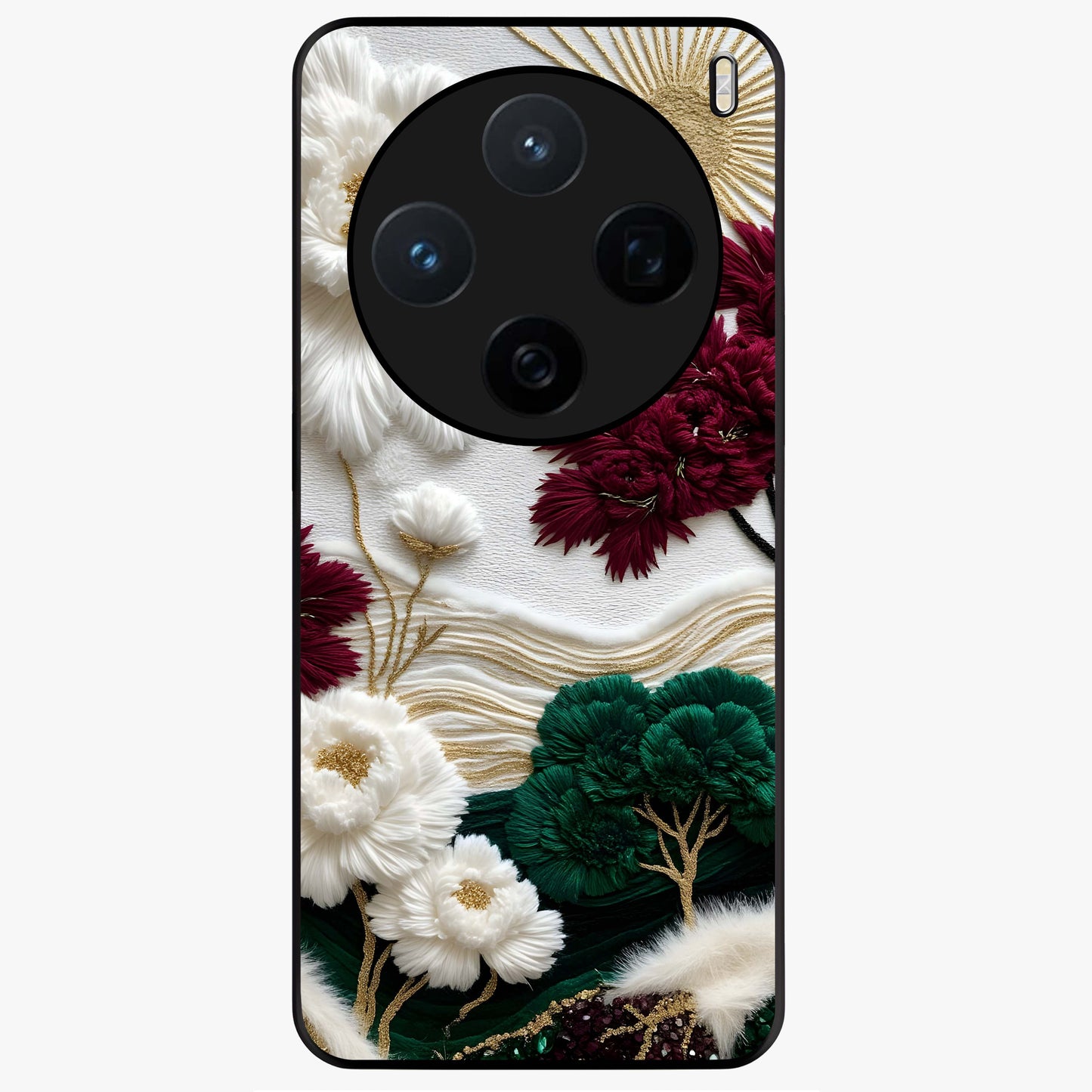 Radiant Bloom Elegance Glass Case showing flat back view with elegant blooming flower artwork and glossy glass finish.
