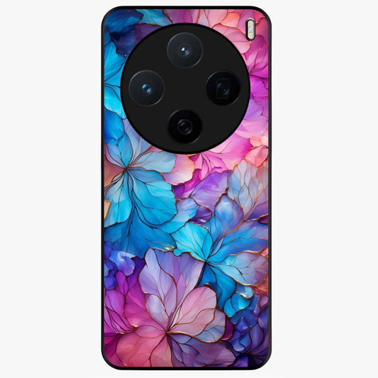 Radiant Floral Whirl Glass Case showing flat back view with swirling floral artwork and glossy glass finish.