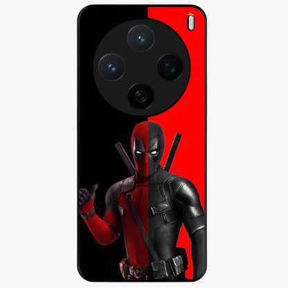 Red & Black Deadpool Theme Glass Case showing flat back view with bold comic inspired artwork and glossy glass finish.