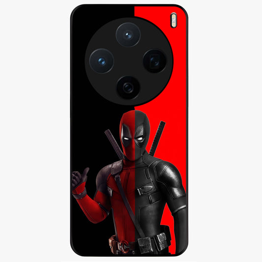 Red & Black Deadpool Theme Glass Case showing flat back view with bold comic inspired artwork and glossy glass finish.