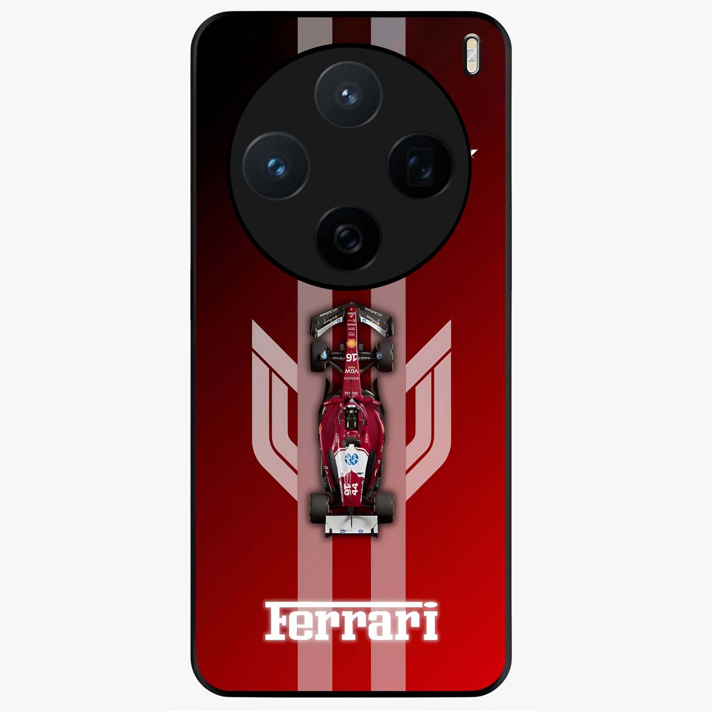 Red Ferrari F1 Vertical Glass Case showing flat back view with sleek Formula racing car artwork and glossy glass finish.