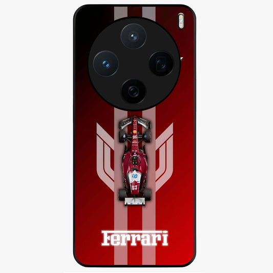 Red Ferrari F1 Vertical Glass Case showing flat back view with sleek Formula racing car artwork and glossy glass finish.