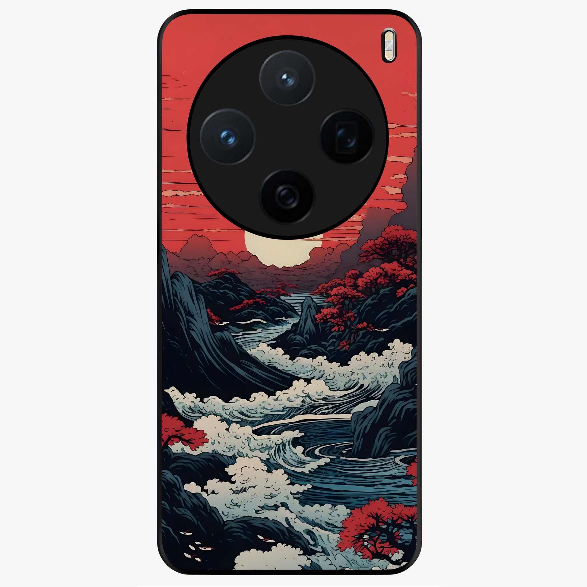 Red Sunset Scenery Glass Case showing flat back view with vibrant sunset landscape artwork and glossy glass finish.
