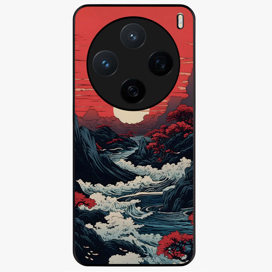 Red Sunset Scenery Glass Case showing flat back view with vibrant sunset landscape artwork and glossy glass finish.
