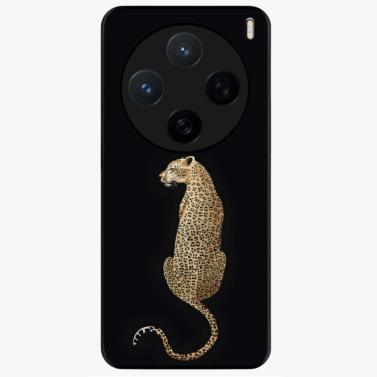 Regal Leopard Glass Case showing flat back view with bold leopard artwork and glossy glass finish.