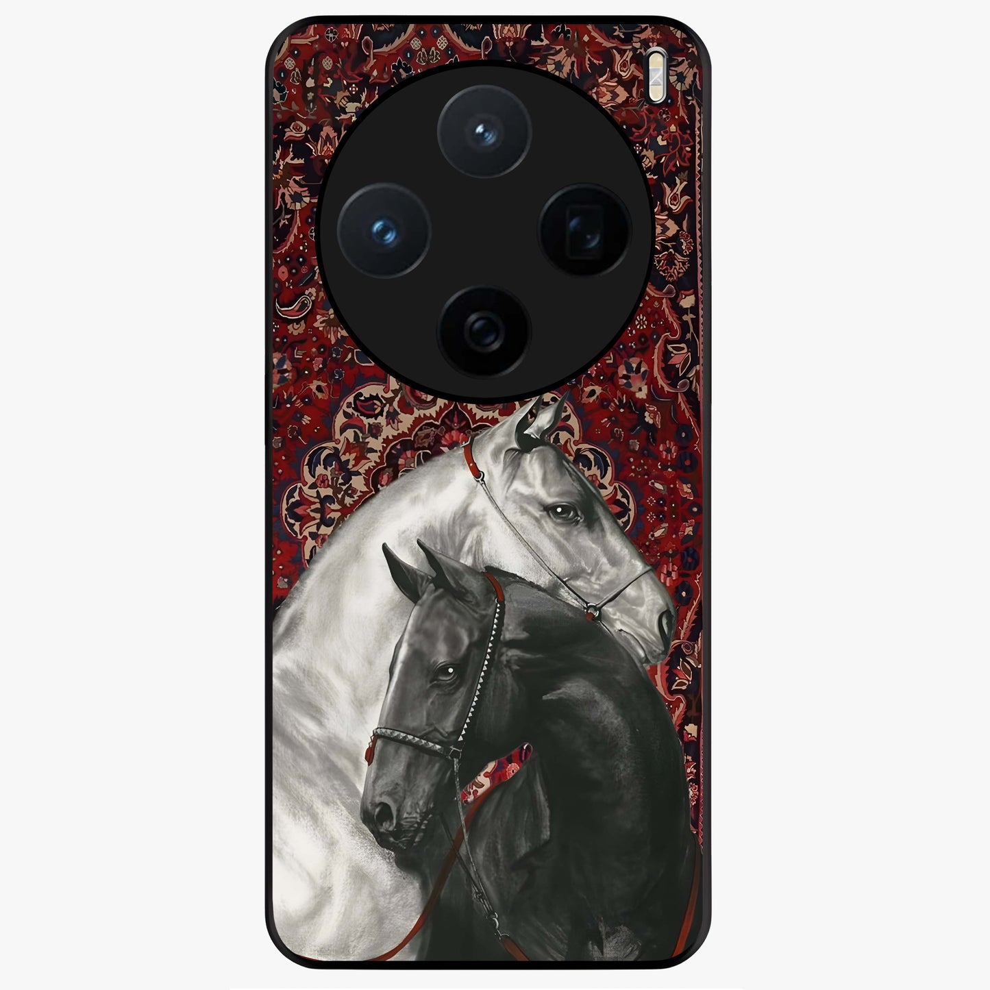 Regal Stallion Tapestry Glass Case showing flat back view with majestic horse tapestry artwork and glossy glass finish.