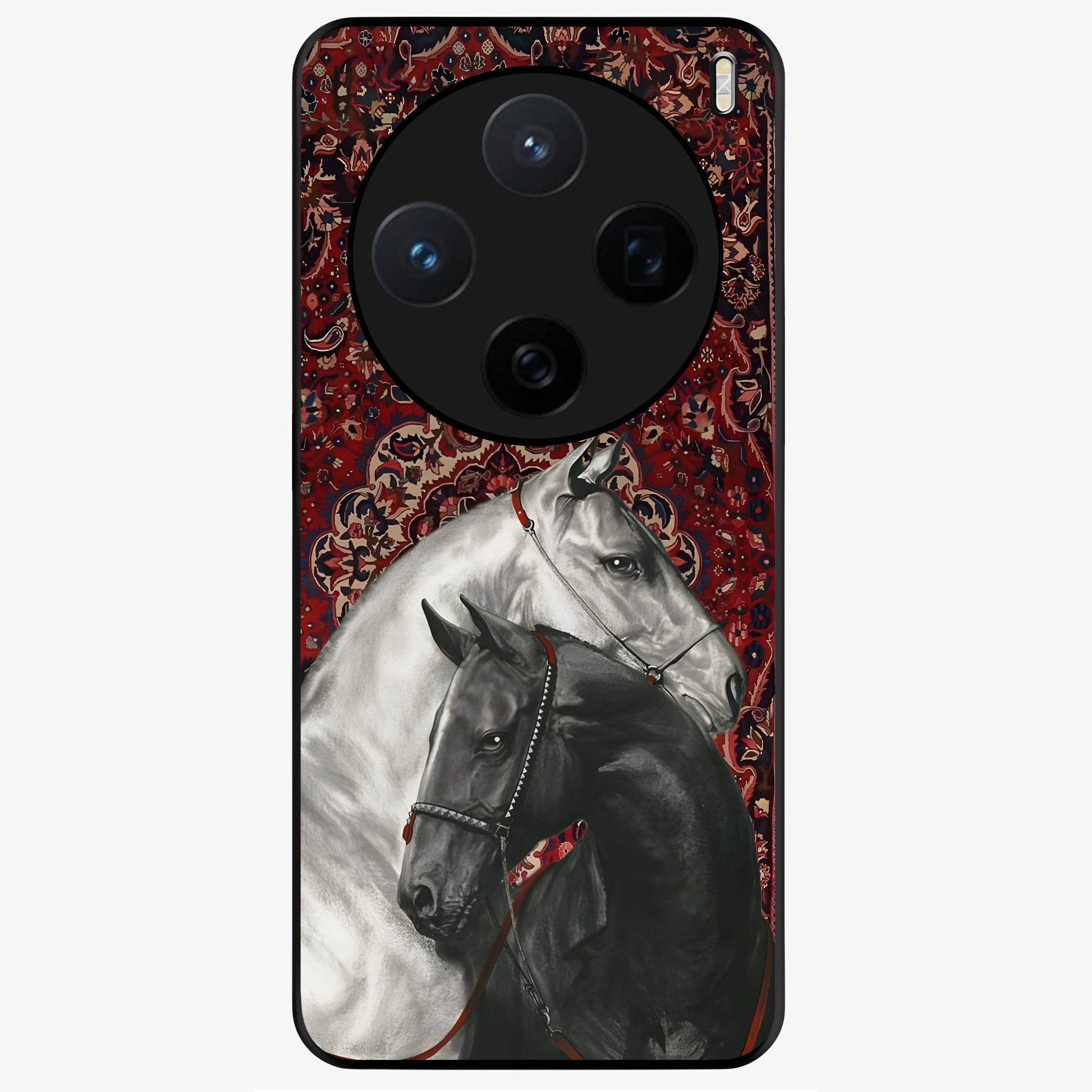 Regal Stallion Tapestry Glass Case showing flat back view with majestic horse tapestry artwork and glossy glass finish.