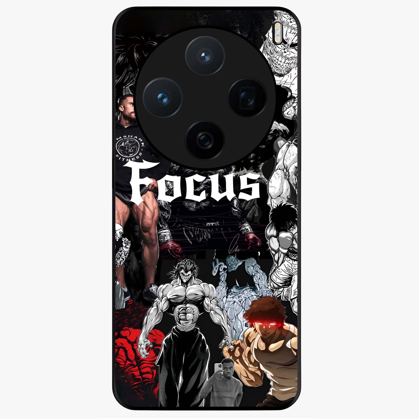 Relentless Power Focus Glass Case showing flat back view with motivational typography artwork and glossy glass finish.