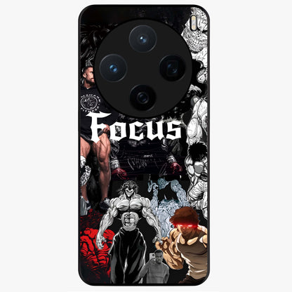 Relentless Power Focus Glass Case showing flat back view with motivational typography artwork and glossy glass finish.