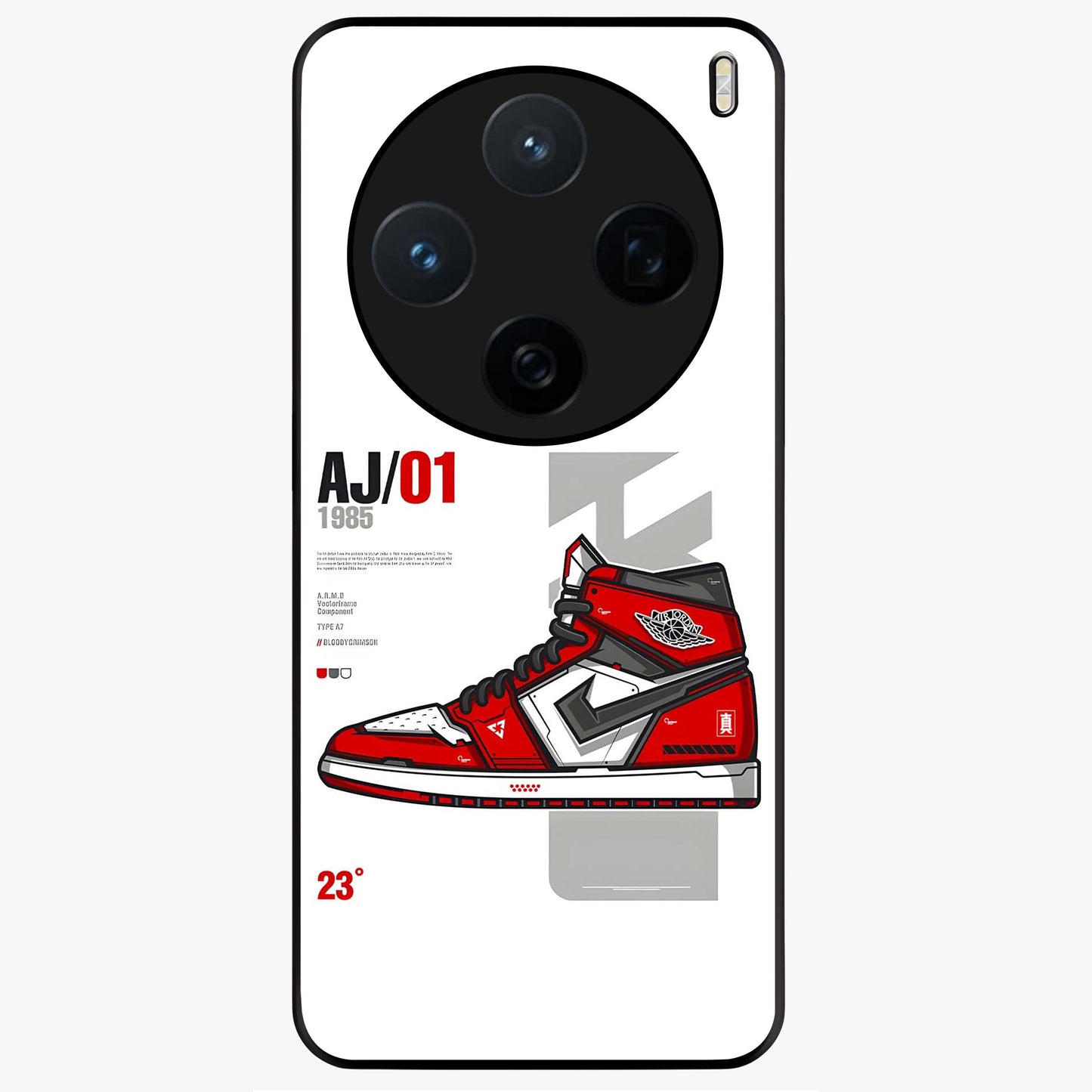 Retro Sneaker Blueprint Glass Case showing flat back view with sneaker blueprint style artwork and glossy glass finish.