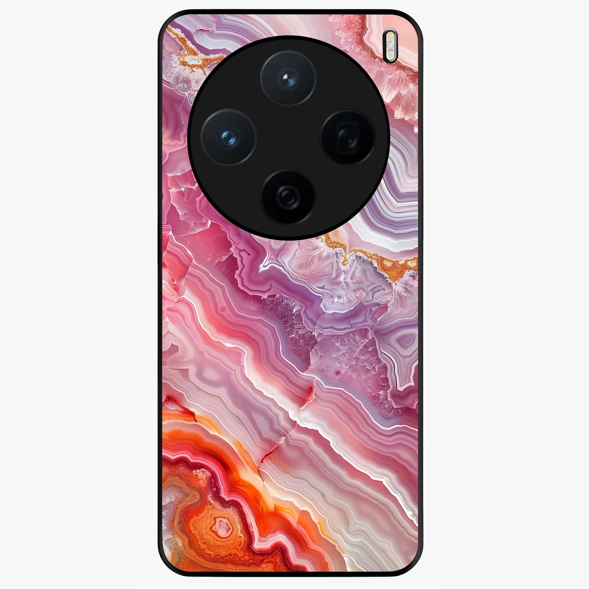 Rose Quartz Marble Glass Case showing flat back view with pink marble quartz texture artwork and glossy glass finish.