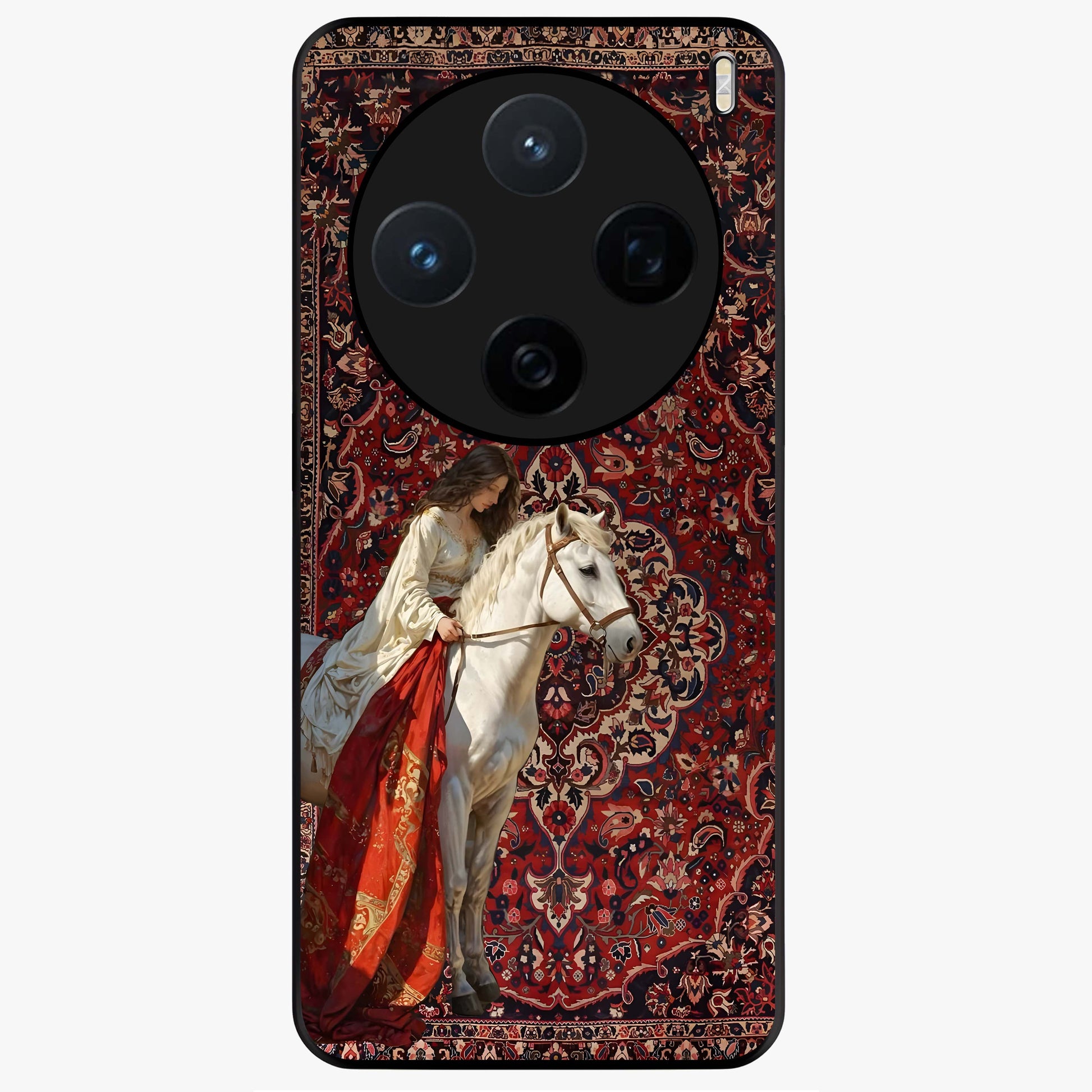 Royal Rider Tapestry Glass Case showing flat back view with majestic horse rider tapestry artwork and glossy glass finish.