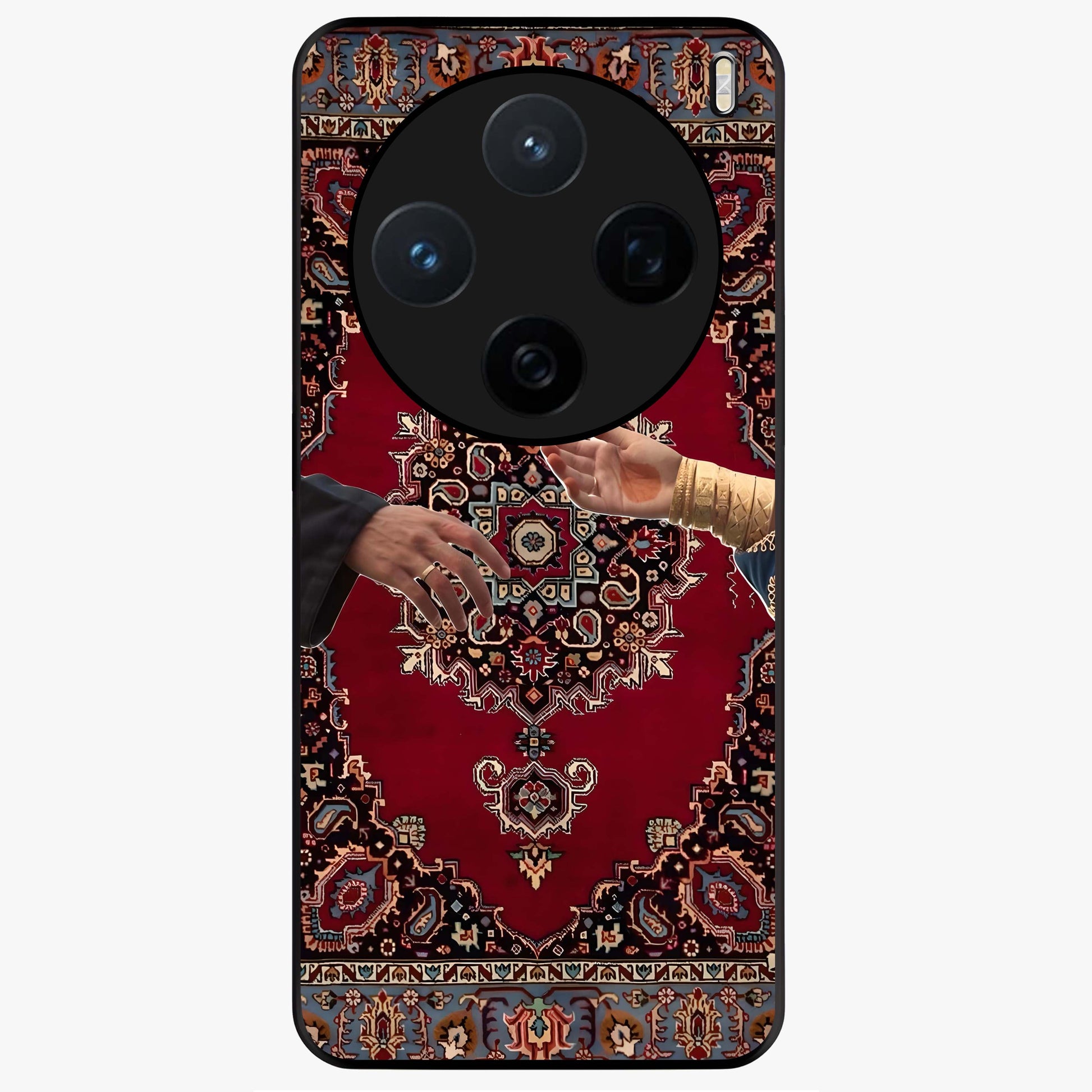 Royal Touch Reach Glass Case showing flat back view with elegant royal themed artwork and glossy glass finish.