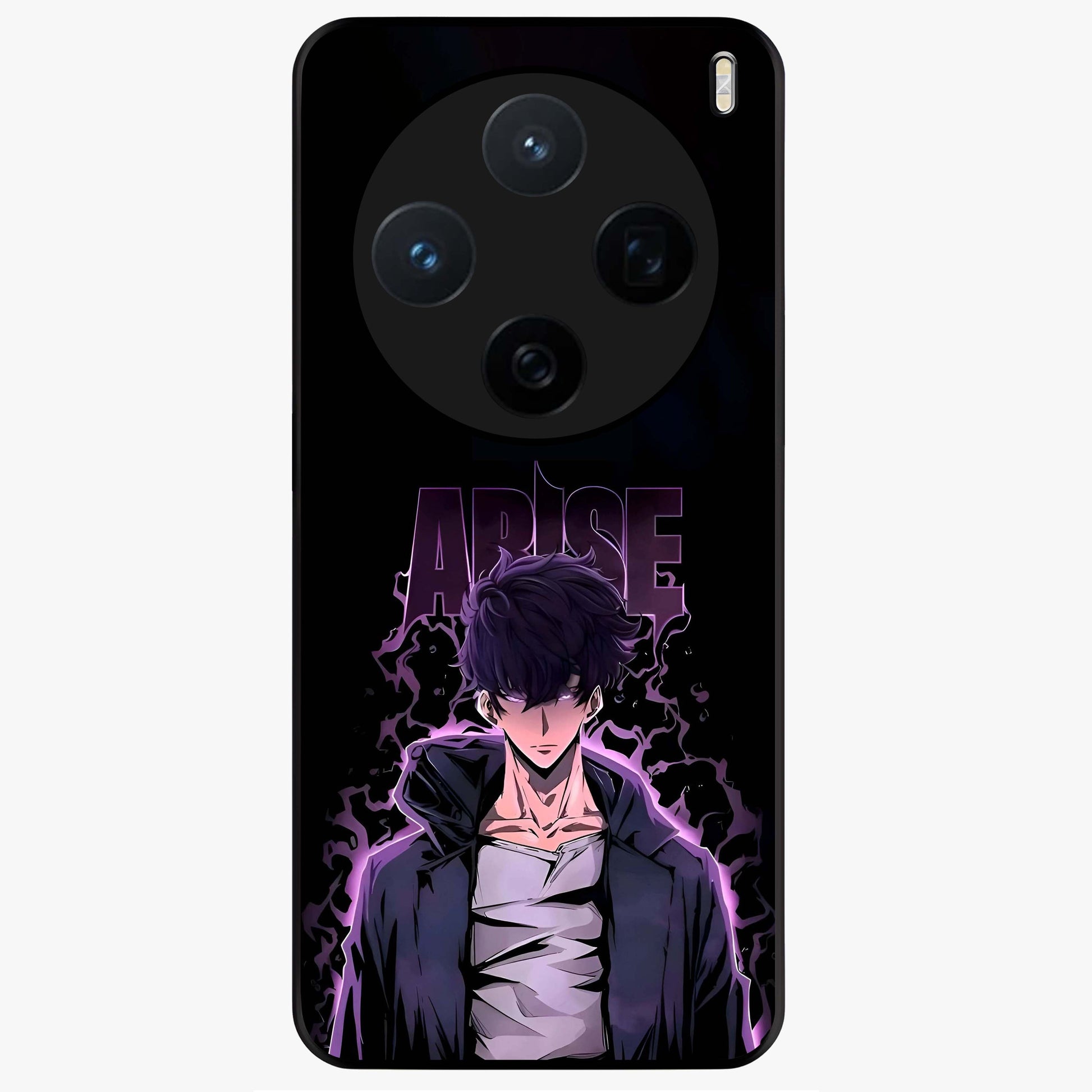 Shadow Monarch Awakening Glass Case showing flat back view with powerful dark monarch themed artwork and glossy glass finish.