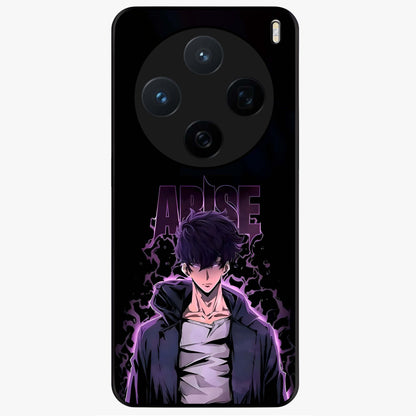 Shadow Monarch Awakening Glass Case showing flat back view with powerful dark monarch themed artwork and glossy glass finish.