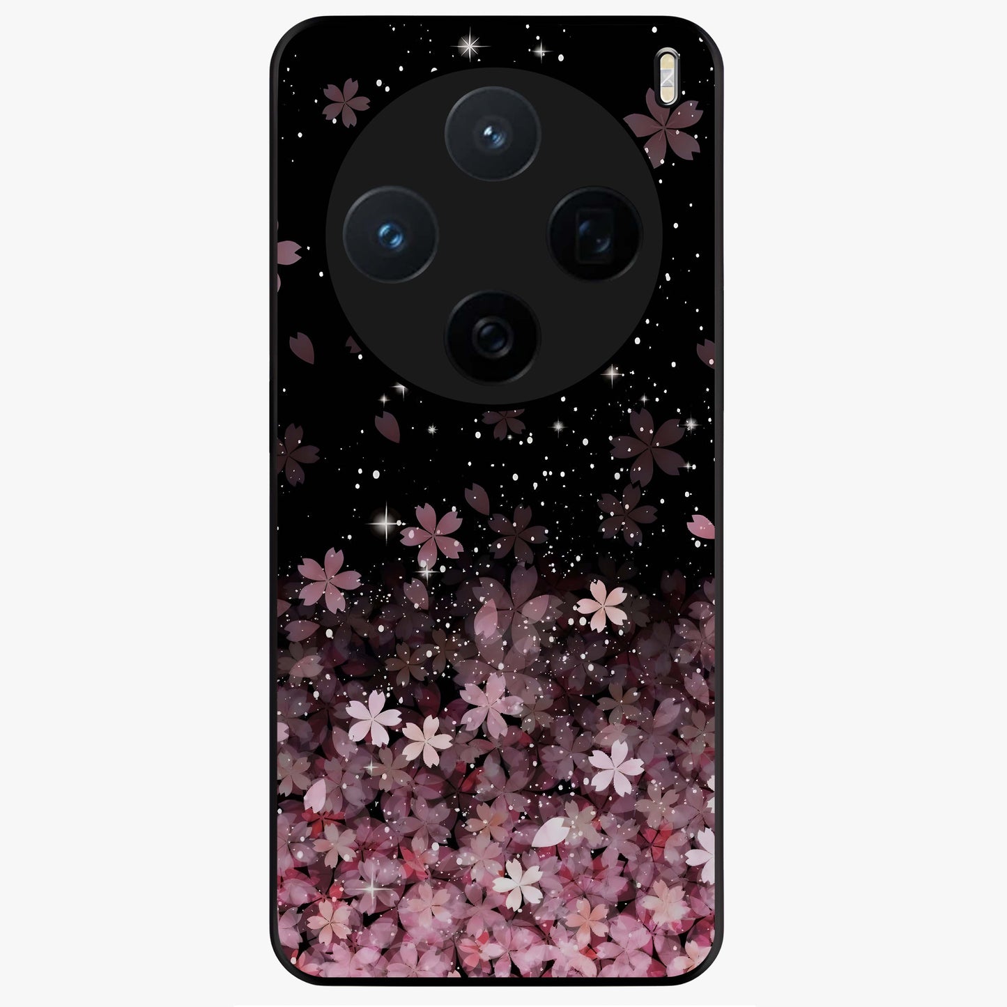 Small Starry Flowers Glass Case showing flat back view with delicate starry floral artwork and glossy glass finish.