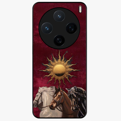 Solar Riders Glass Case showing flat back view with dynamic rider themed artwork and glossy glass finish.