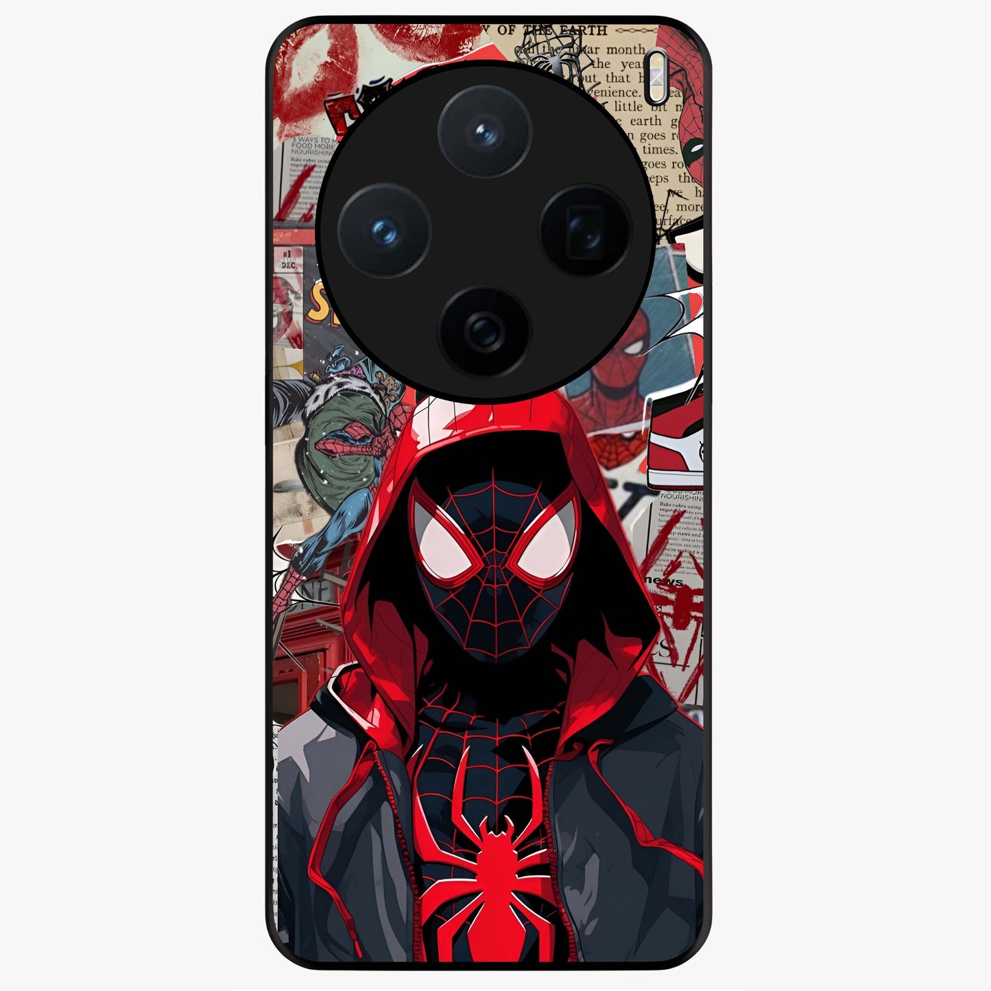 Spider Collage Street Glass Case showing flat back view with vibrant superhero collage artwork and glossy glass finish.