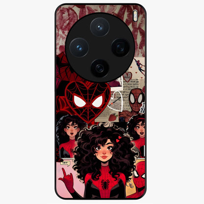 Spider Love Story Glass Case showing flat back view with romantic superhero themed artwork and glossy glass finish.