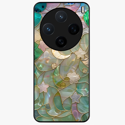 Stained Sunrise Glow Glass Case showing flat back view with glowing sunrise stained pattern artwork and glossy glass finish.