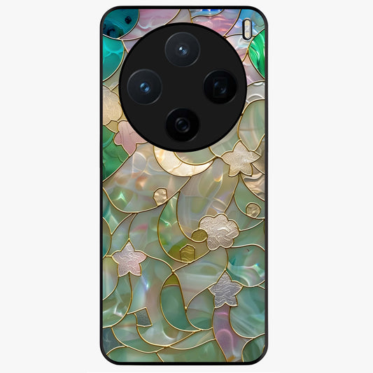 Stained Sunrise Glow Glass Case showing flat back view with glowing sunrise stained pattern artwork and glossy glass finish.
