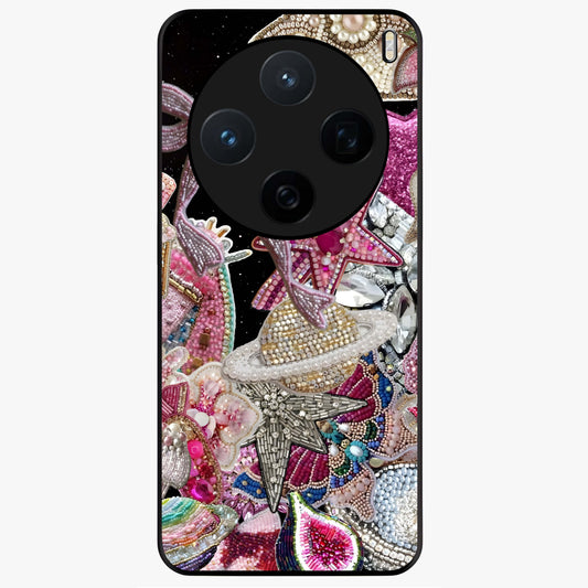 Starlit Jewel Dream Glass Case showing flat back view with sparkling jewel and star themed artwork and glossy glass finish.