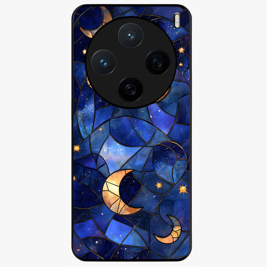 Starlit Sky Tapestry Glass Case showing flat back view with decorative starry sky tapestry artwork and glossy glass finish.