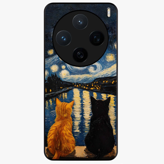 Starry River Cats Glass Case showing flat back view with cats by a starry river artwork and glossy glass finish.