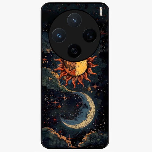 Sun And Moon Magic Design Glass Case showing flat back view with mystical sun and moon artwork and glossy glass finish.