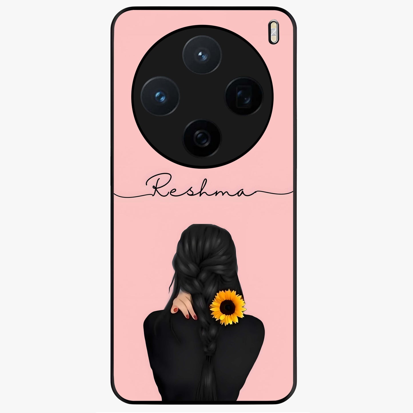 Sunflower Braid Beauty With Custom Name Glass Case showing flat back view with sunflower braid artwork and personalized name design.