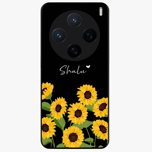 Sunflower Chic Mood Custom Name Glass Case showing flat back view with stylish sunflower artwork and personalized name design.