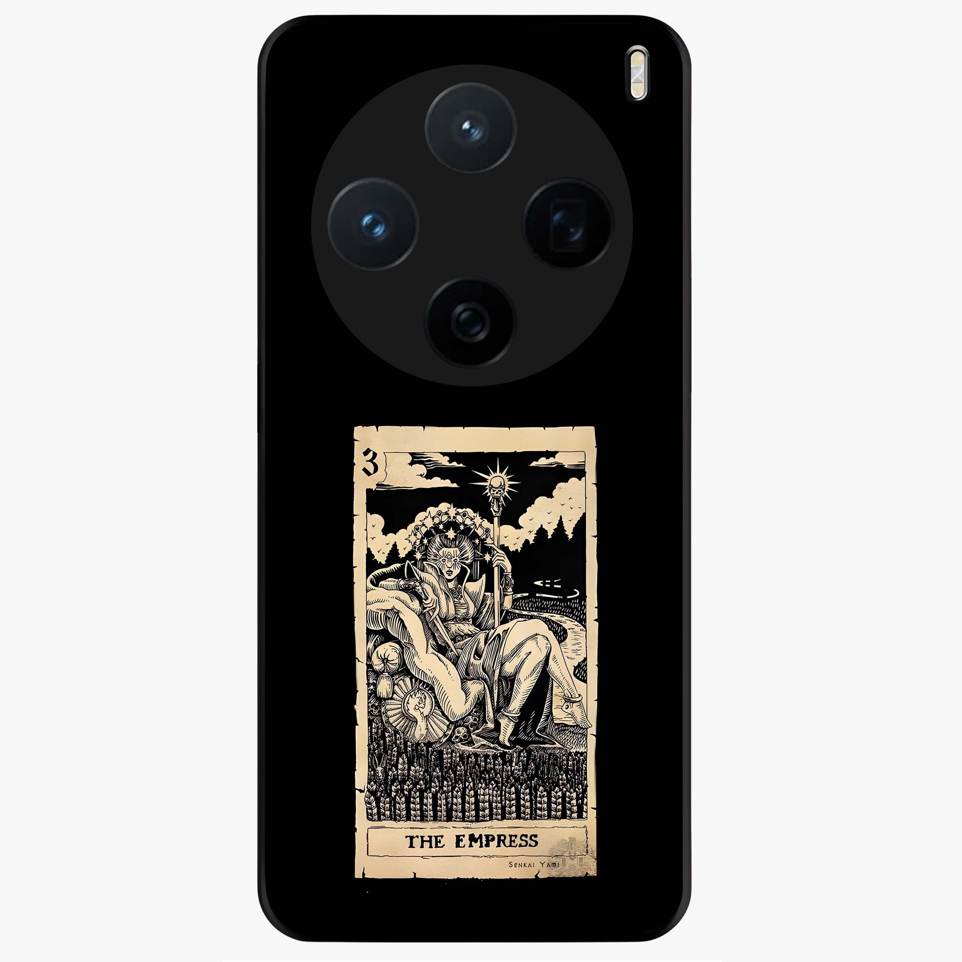The Empress Glass Case showing flat back view with regal feminine artwork and glossy glass finish.