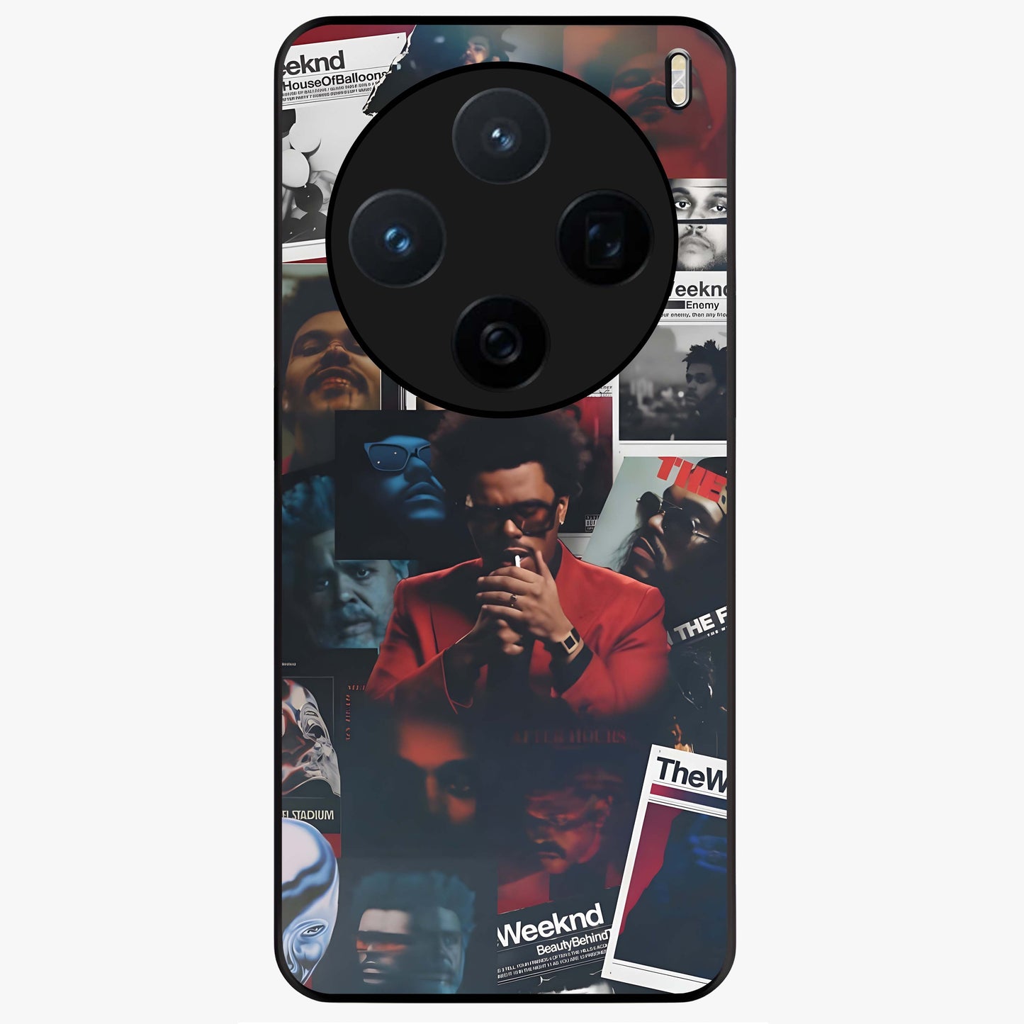 The Weeknd Glass Case showing flat back view with music inspired artistic portrait artwork and glossy glass finish.