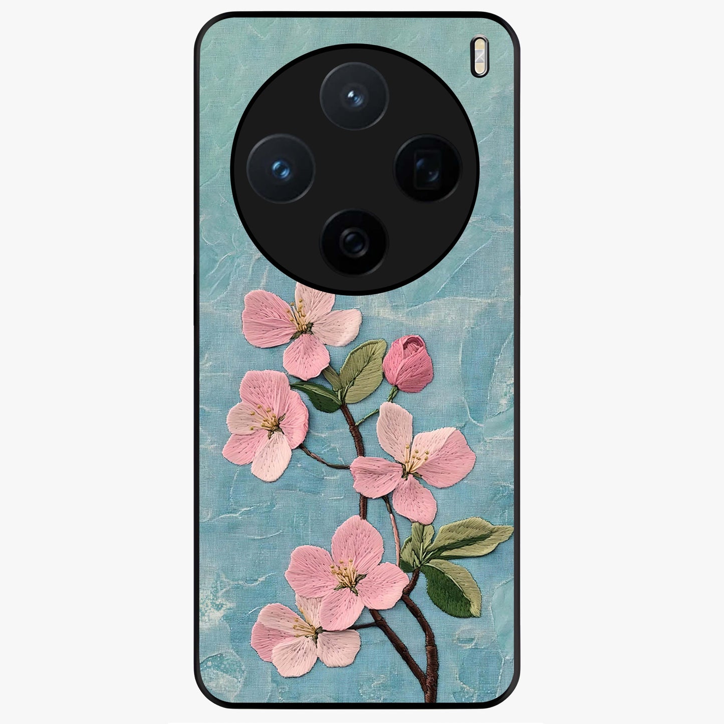 Threaded Blossom Breeze Glass Case showing flat back view with delicate blossom artwork and glossy glass finish.