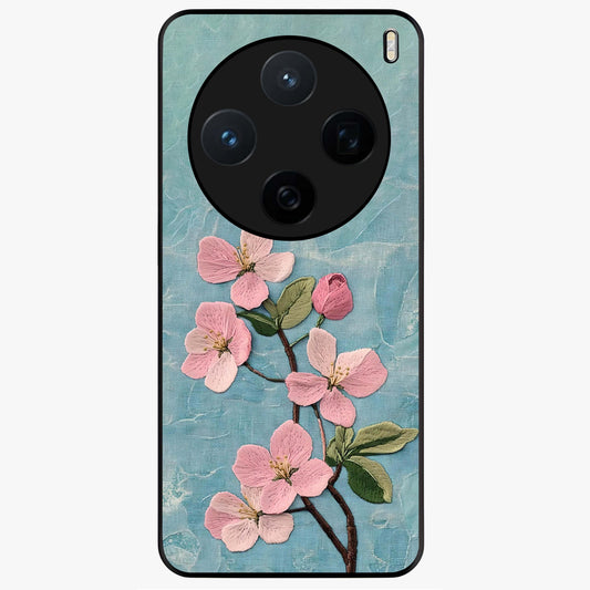 Threaded Blossom Breeze Glass Case showing flat back view with delicate blossom artwork and glossy glass finish.